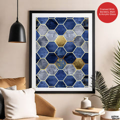 Gray & Blue Geometric Artwork With Golden Lines | Abstract Signature Artwork #00705