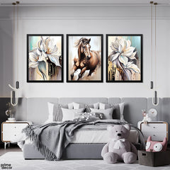 Horse & Glittery Abstract Flowers (3 Panel) Animal Wall Art
