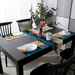 Deep Teal Blue & Pastel Beige Abstract Strokes Style | Table Runner and Placemat Set