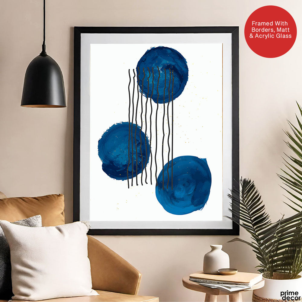 Black Lines Over Blue Paint Strokes With White Background | Abstract Office Artwork #0070 - Prime Décor