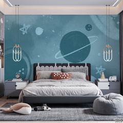 Blue & Casal Watercolor Space Planets | Nursery Wallpaper Mural - Prime Décor