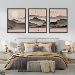 Misty Sepia Peaks & Lone Boatman (3 Panel) Abstract Wall Art