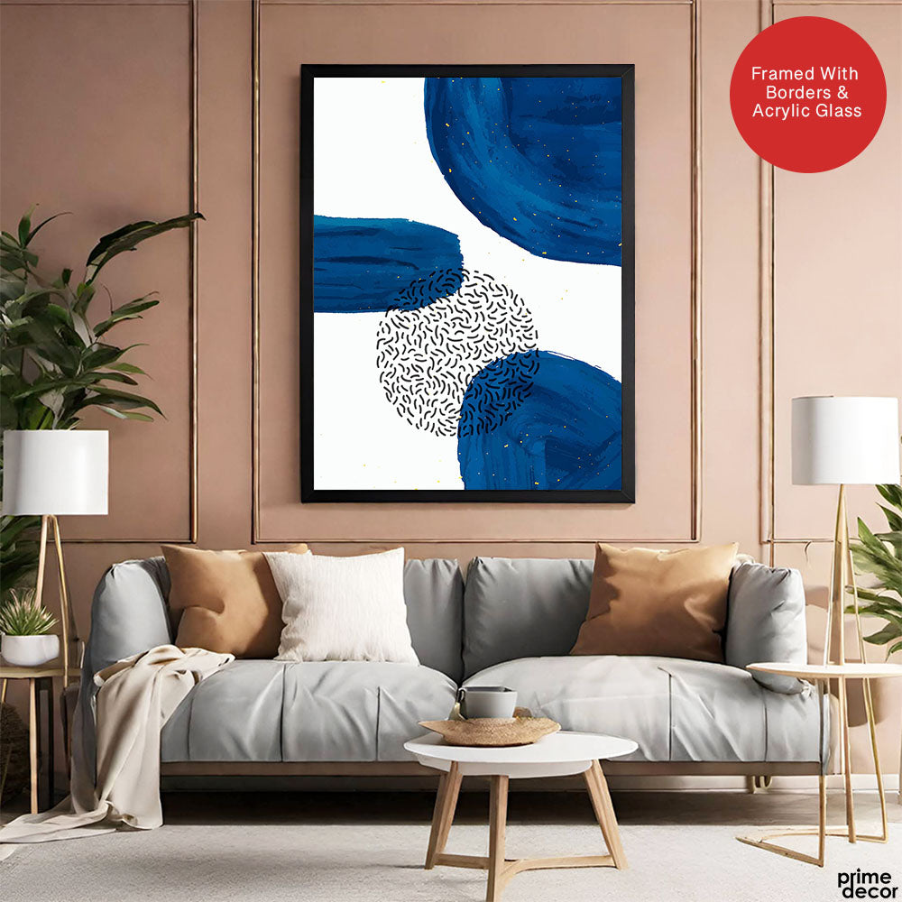Black Lines Over Blue Paint Strokes With White Background | Abstract Office Artwork #0071 - Prime Décor