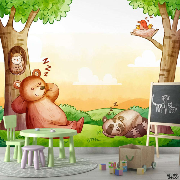 Animal Sleeping Under The Trees In Forest | Kids Wallpaper Mural