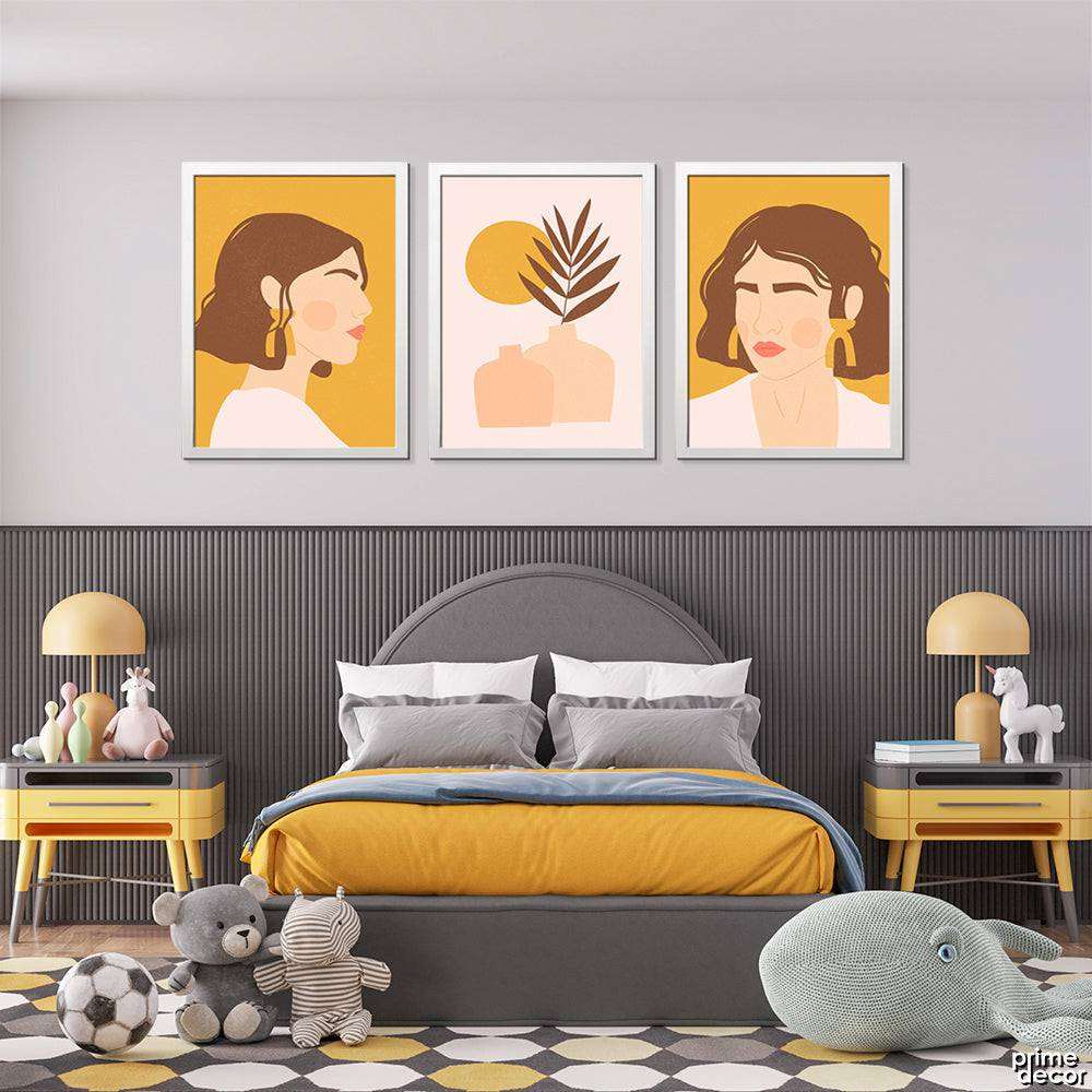 Beige And Light Yellow Women With Vase (3 Panel) Fashion Wall Art - Prime Décor