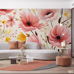 Pale Pink & Grey Macro Flowers With Beige Background | Floral Wallpaper Mural - Prime Décor