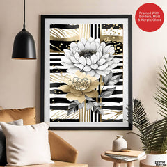 Gold & Grey Folwers With Colorful Background | Abstract Floral Artwork #0072 - Prime Décor