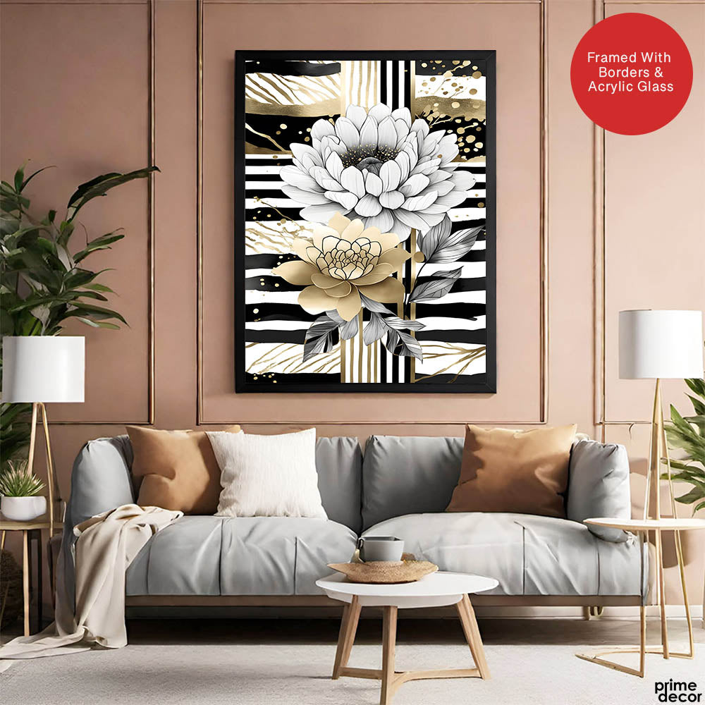 Gold & Grey Folwers With Colorful Background | Abstract Floral Artwork #0072 - Prime Décor