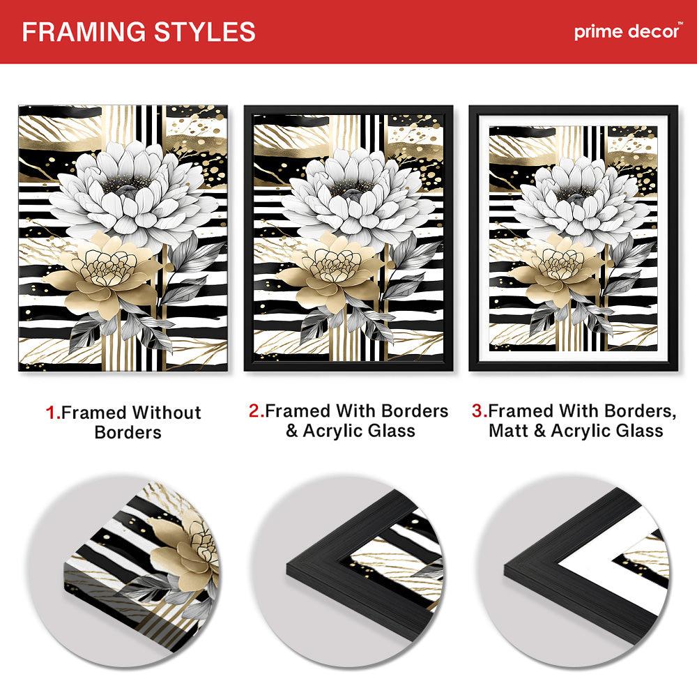 Gold & Grey Folwers With Colorful Background | Abstract Floral Artwork #0072 - Prime Décor