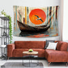 Beautiful Artwork Of A Boat In Sunset With Flying Bird | Nature Tapestry On Sale