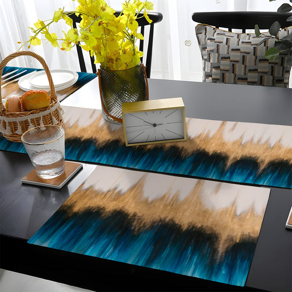 Deep Teal Blue & Pastel Beige Abstract Strokes Style | Table Runner and Placemat Set