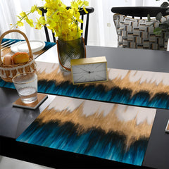 Deep Teal Blue & Pastel Beige Abstract Strokes Style | Table Runner and Placemat Set