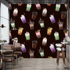 Beautiful Designs Of Coffee & Juice Over Black Background | Restaurant Wallpaper Mural