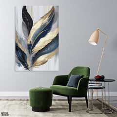 Black Gold & Blue Exotic Leaves Over White Background (Single Panel) Floral Wall Art