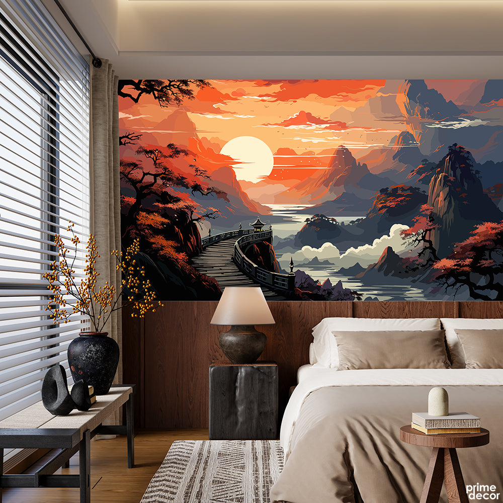Bridge Towards Sunset With Mountains In Background | Landscape Wallpaper Mural - Prime Décor