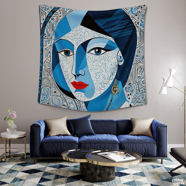 Blue & White Woman Face Portrait  | Fashion Tapestry