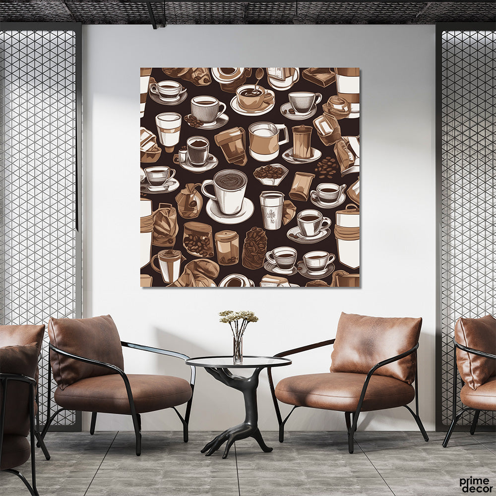 Pastel Brown Coffee Cups & Beans (Single Panel) Cafe Wall Art - Prime Décor