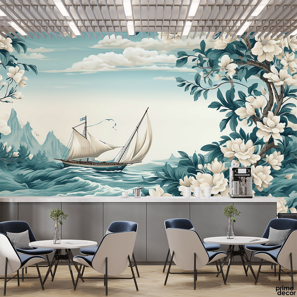 Ship In Cascade Flowery Ocean | Landscape Wallpaper Mural - Prime Décor