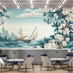 Ship In Cascade Flowery Ocean | Landscape Wallpaper Mural - Prime Décor