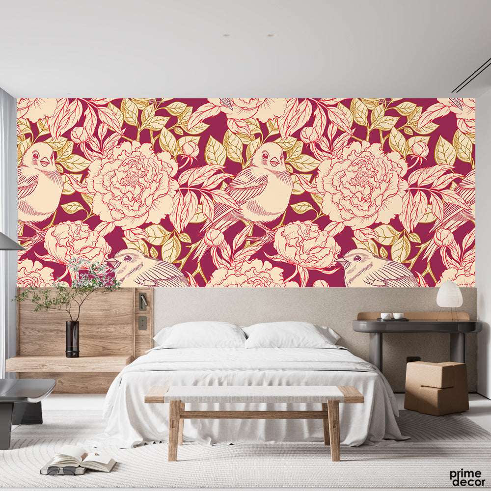Beautiful Pencil Style Floral Artwork Over Maroon Background  | Floral Wallpaper Mural