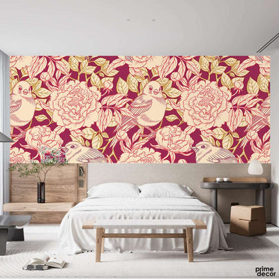 Beautiful Pencil Style Floral Artwork Over Maroon Background| Floral Wallpaper Mural