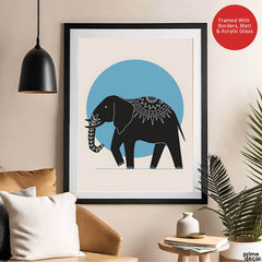Elephant With Beautiful Art Over Blue & Beige Background | Abstract Animal Artwork #0075 - Prime Décor