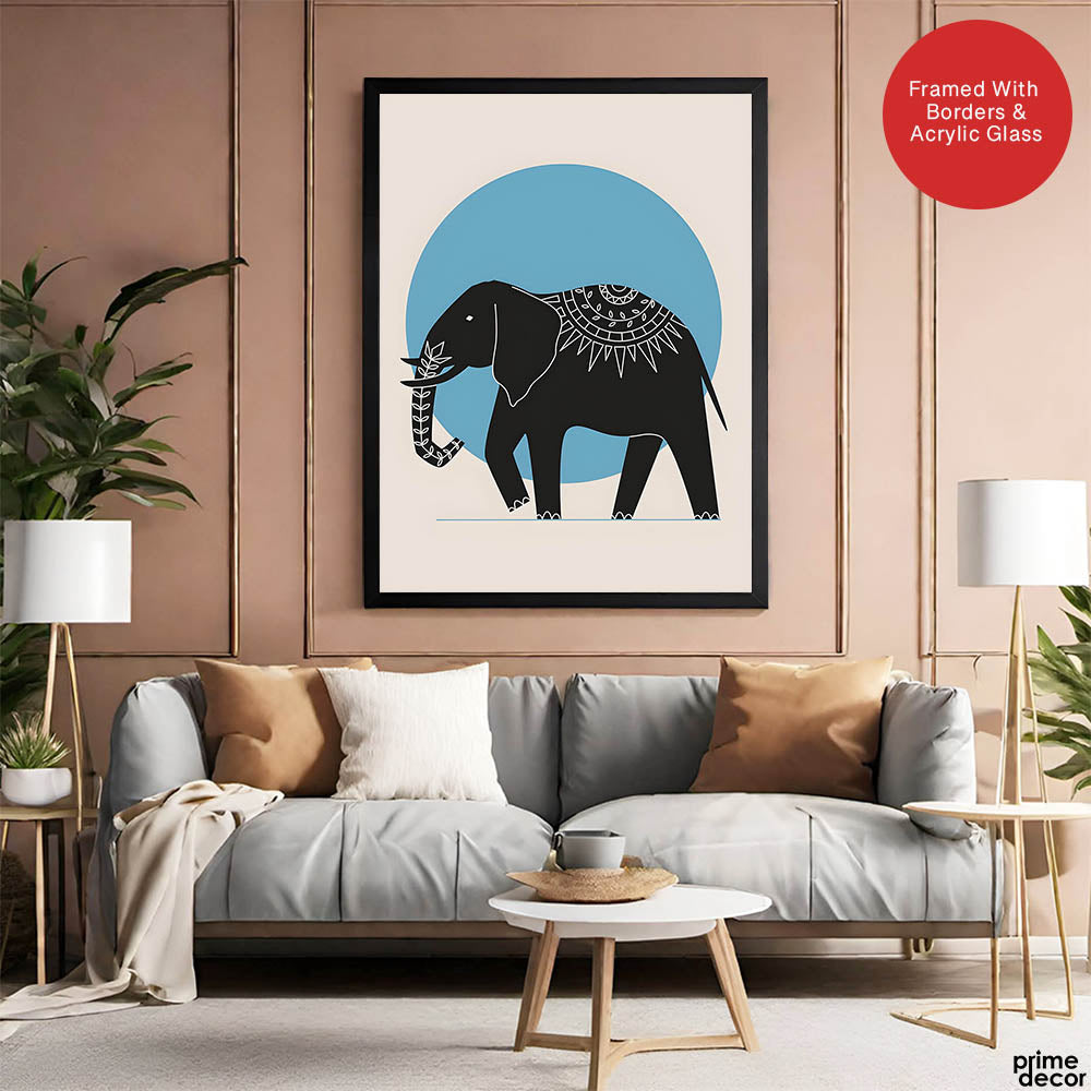 Elephant With Beautiful Art Over Blue & Beige Background | Abstract Animal Artwork #0075 - Prime Décor