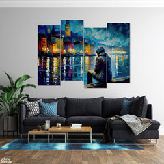Man Sitting By Riverside Brush Strokes Style (4 Panel) Digital Painting Wall Art - Prime Décor