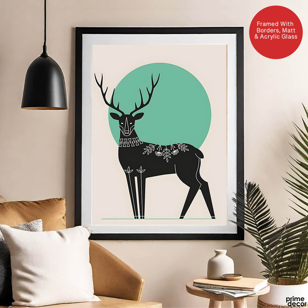 Deer With Beautiful Art Over Green & Beige Background | Abstract Animal Artwork #0076 - Prime Décor