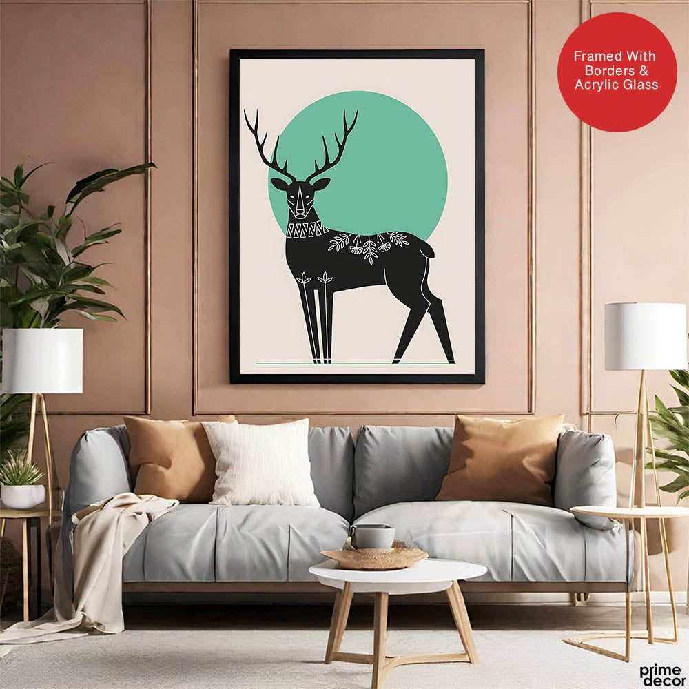 Deer With Beautiful Art Over Green & Beige Background | Abstract Animal Artwork #0076 - Prime Décor