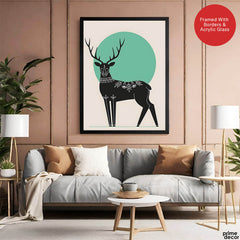 Deer With Beautiful Art Over Green & Beige Background | Abstract Animal Artwork #0076 - Prime Décor