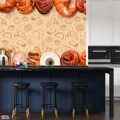 Abstract Artwork Of Food & Coffee Over Beige Background | Restaurant Wallpaper Mural