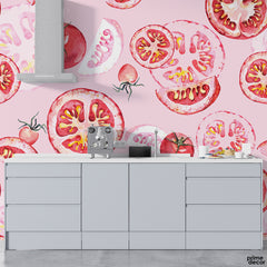 Watercolor Tomatoes With Pink Background | Kitchen Wallpaper Mural - Prime Décor