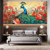 Beautiful Peacock Artwork Red Flowers | Floral Wallpaper Mural