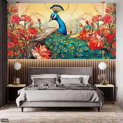 Beautiful Peacock Artwork Red Flowers | Floral Wallpaper Mural
