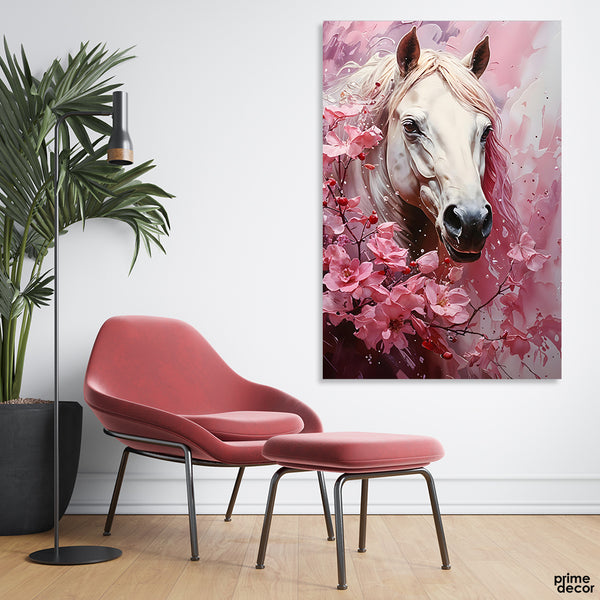 Beautiful Artwork Of A White Horse With Pink Flowers (Single Panel) Nature Wall Art