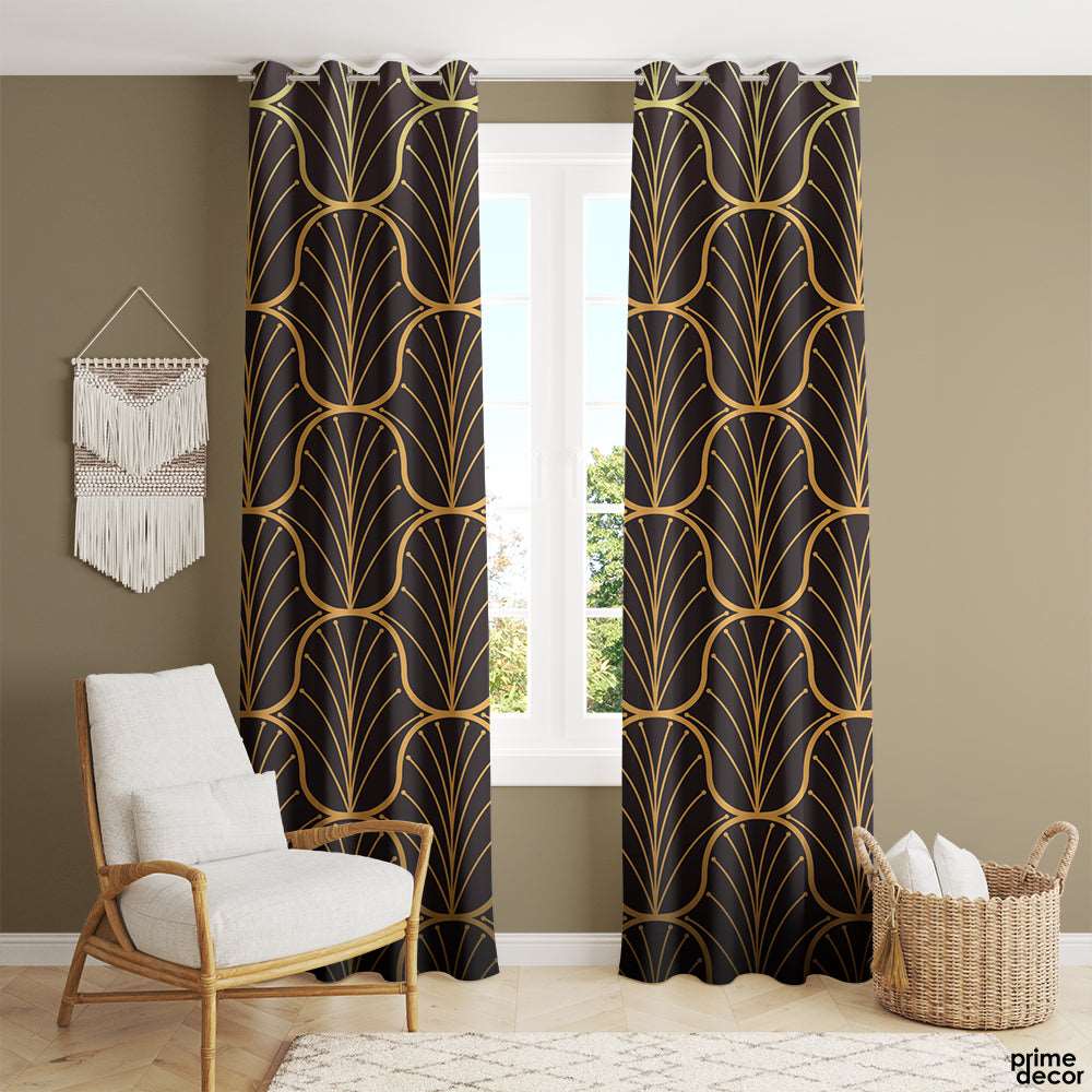 Black & Gold Outline Geometric | Abstract Curtains #077 - Prime Décor