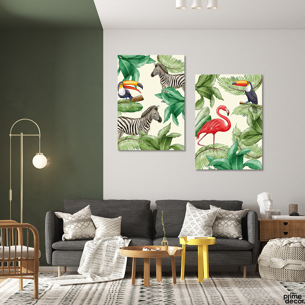 Toucan Zebra & Flamingo Tropical Leaves (2 Panel) Animal Wall Art - Prime Décor