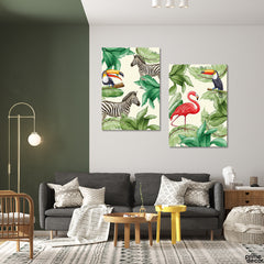 Toucan Zebra & Flamingo Tropical Leaves (2 Panel) Animal Wall Art - Prime Décor