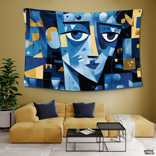 Black Gold & Blue Geometric Face Artwork | Fashion Tapestry