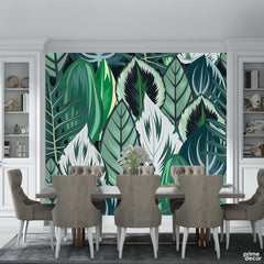 Abstract Beautiful Green & White Leaves Artwork | Floral Wallpaper Mural