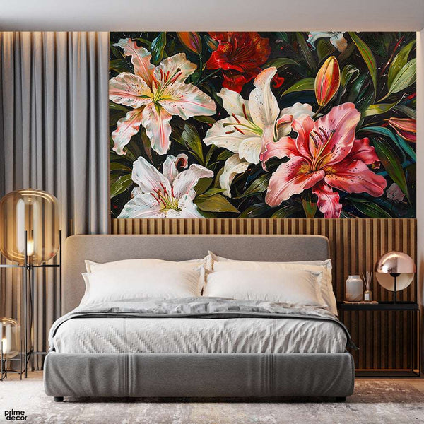 Beautiful Pink & White Flowers With Exotic Green Leaves | Floral Wallpaper Mural