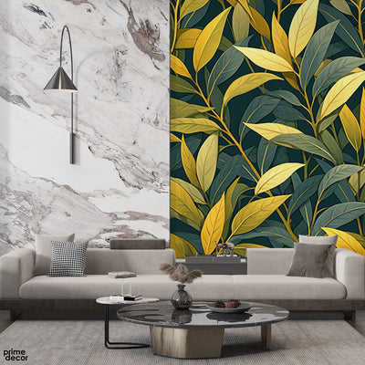 Green & Gold Abstract Beautiful Leaves Artwork | Floral Wallpaper Mural