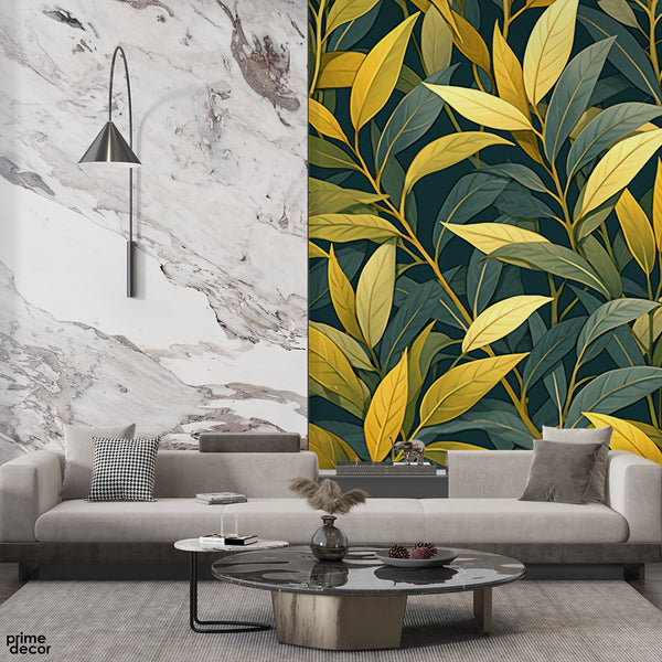 Green & Gold Abstract Beautiful Leaves Artwork | Floral Wallpaper Mural