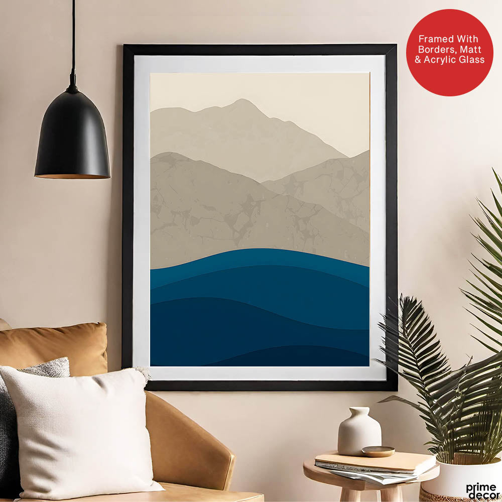 Grey & Blue Mountains Over Sea Abstract Design | Abstract Office Artwork #0079 - Prime Décor