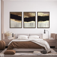 Gold, Chocolate & Grey Abstract Layered Horizon (3 Panel) Modern Wall Art