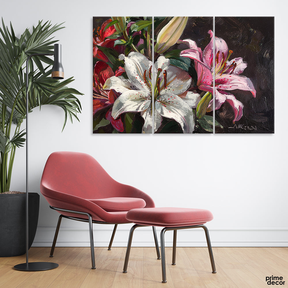 Beautiful White & Pink Flowers With Green Leaves (3 Panel) Floral Wall Art