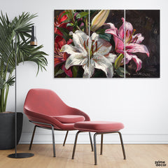 Beautiful White & Pink Flowers With Green Leaves (3 Panel) Floral Wall Art