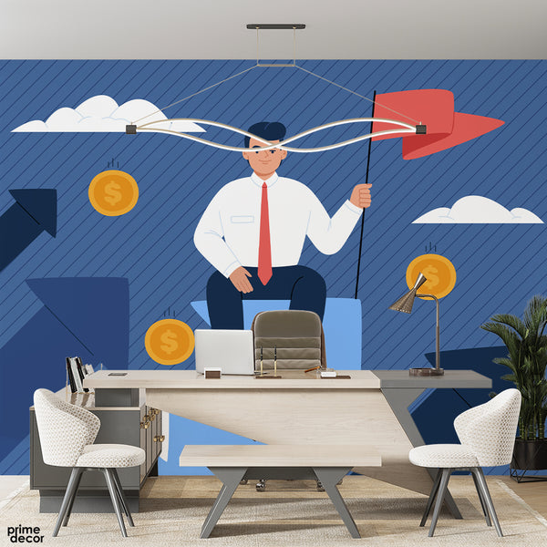 Man With Red Winning Flag In Hand | Office Wallpaper Mural