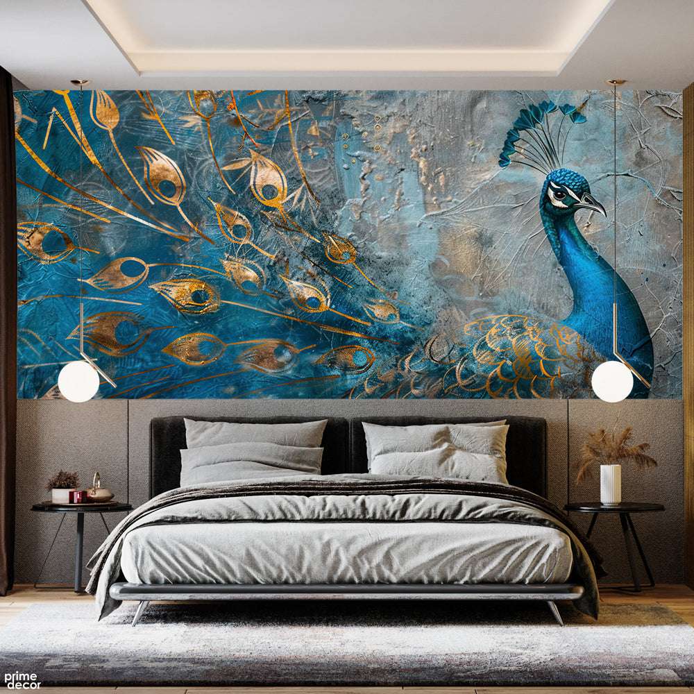 Beautiful Peacock Artwork With Blue & Gold Colors | Floral Wallpaper Mural
